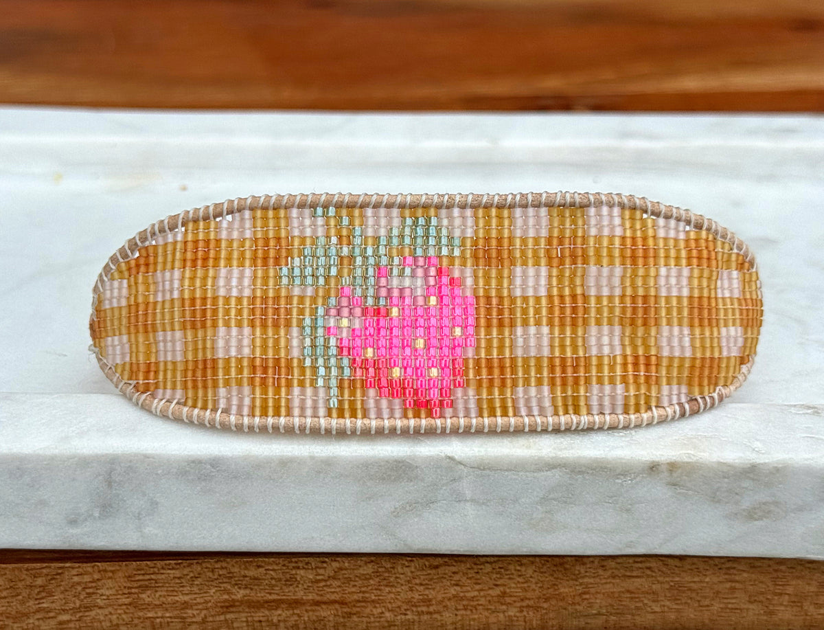 Strawberry Bead Loom Woven bracelet with yellow gingham