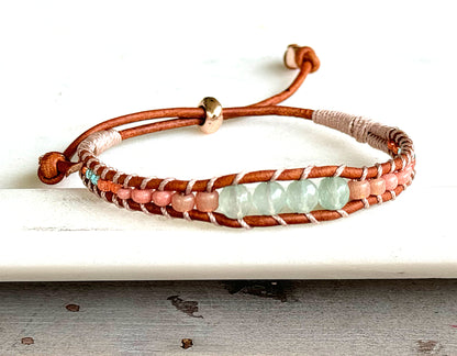 Sea Glass Jade Blush Rose and glass bead Adjustable Leather Bracelet