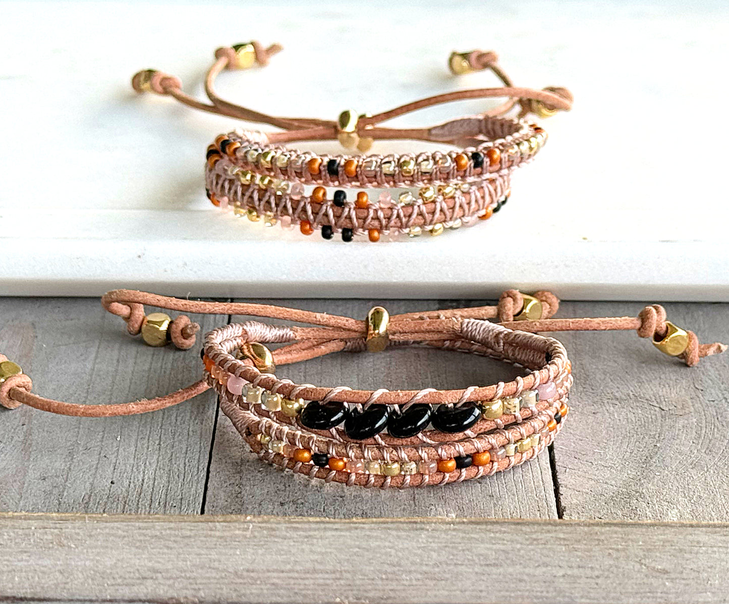 Honey Tan, Black and Gold Beaded Macrame Bracelet Set