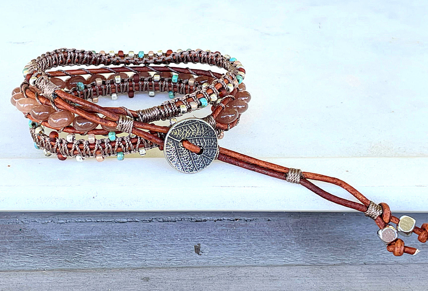 Smoky Quartz Tan, turquoise and silver macrame 3 wrap bracelet