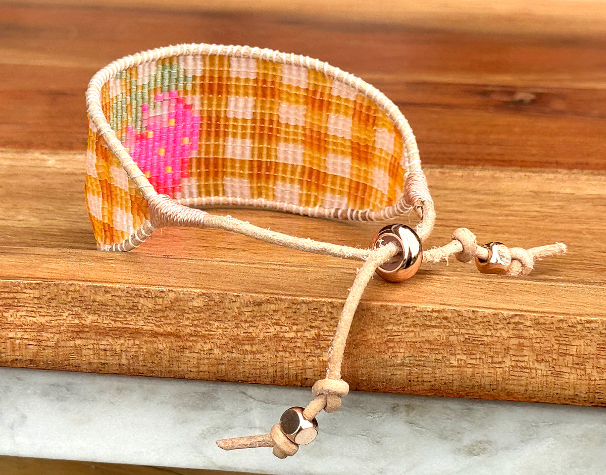Strawberry Bead Loom Woven bracelet with yellow gingham