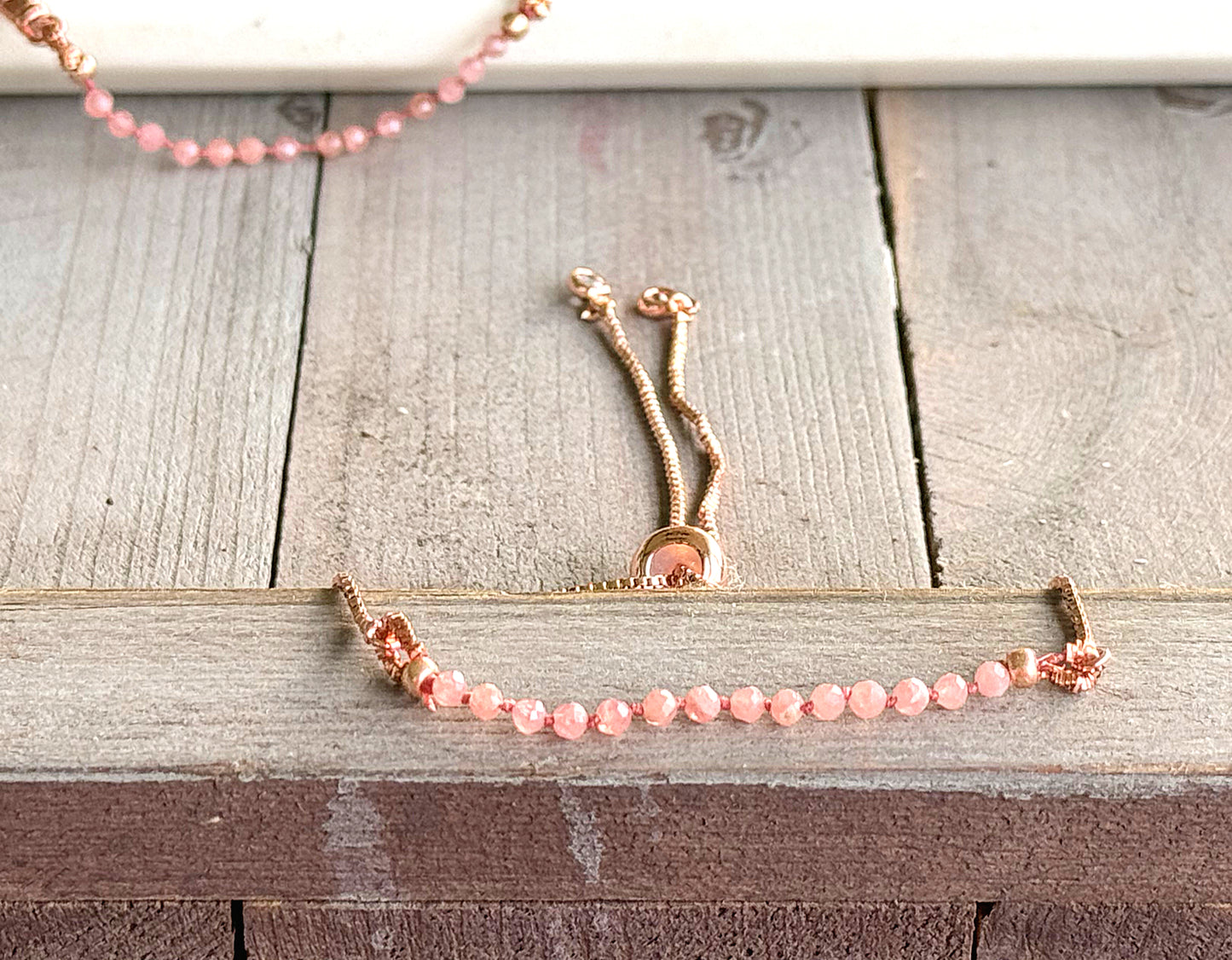 Rhodonite and leather slide adjustable chain or leather stack bracelet