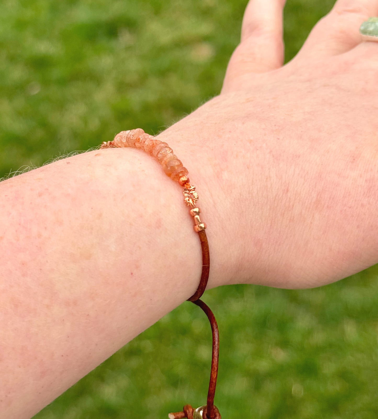 Sunstone and slide adjustable chain or leather stack bracelet