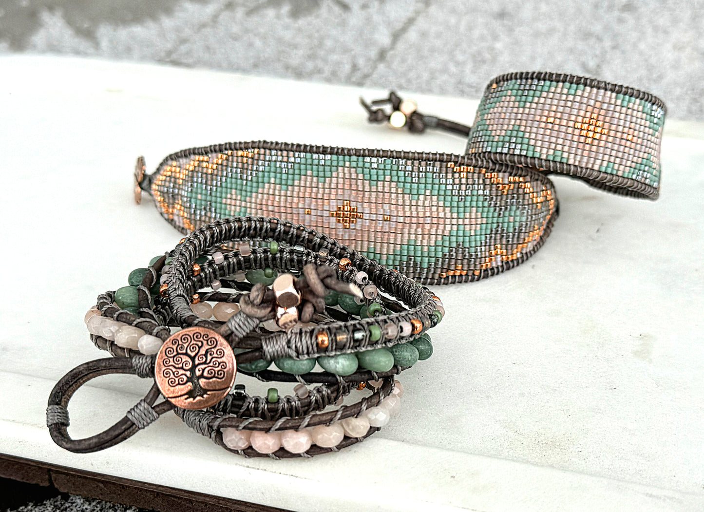 Gray, Blush Quartz, Jade, and Rose Gold Beaded Leather Wrap Bracelet
