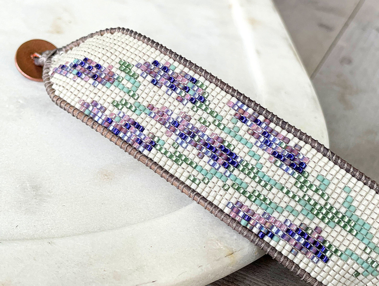 Lavender Floral Bead Loom Woven Bracelet with Leather Trim