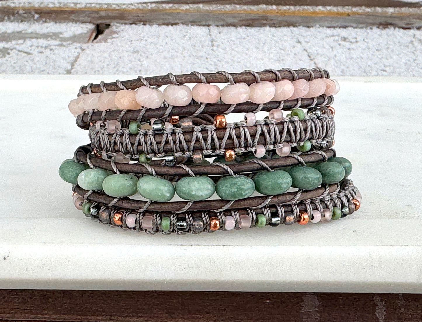 Gray, Blush Quartz, Jade, and Rose Gold Beaded Leather Wrap Bracelet