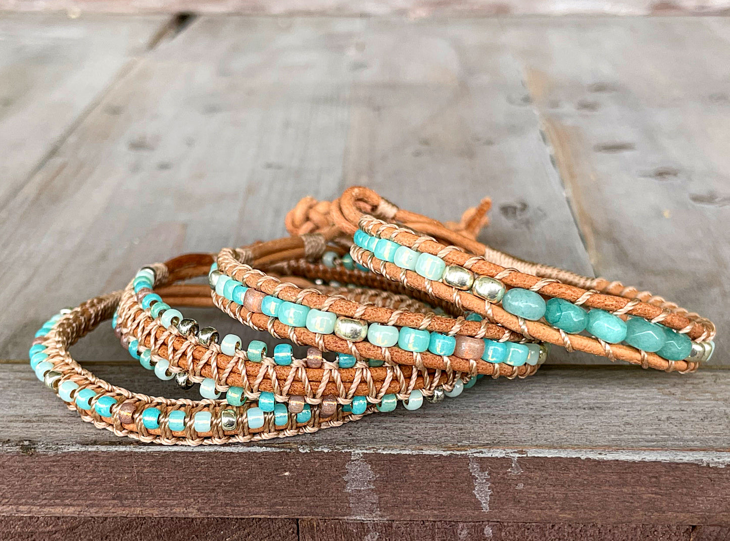 Seafoam and Aqua Jade Ombre Beaded Macrame Bracelet Set