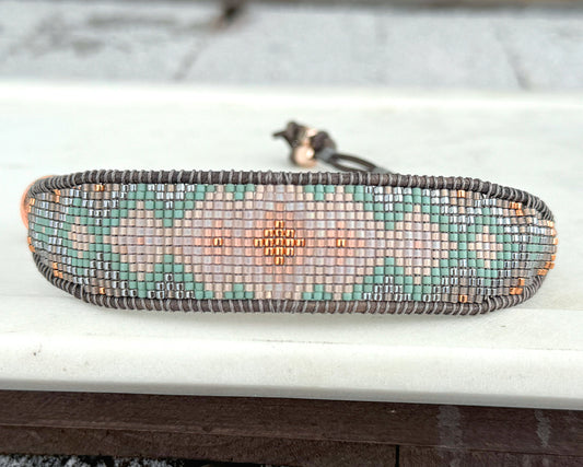 Blush, Sage, Gray, and Rose gold western expanded Diamond Bead Loom Woven Bracelet