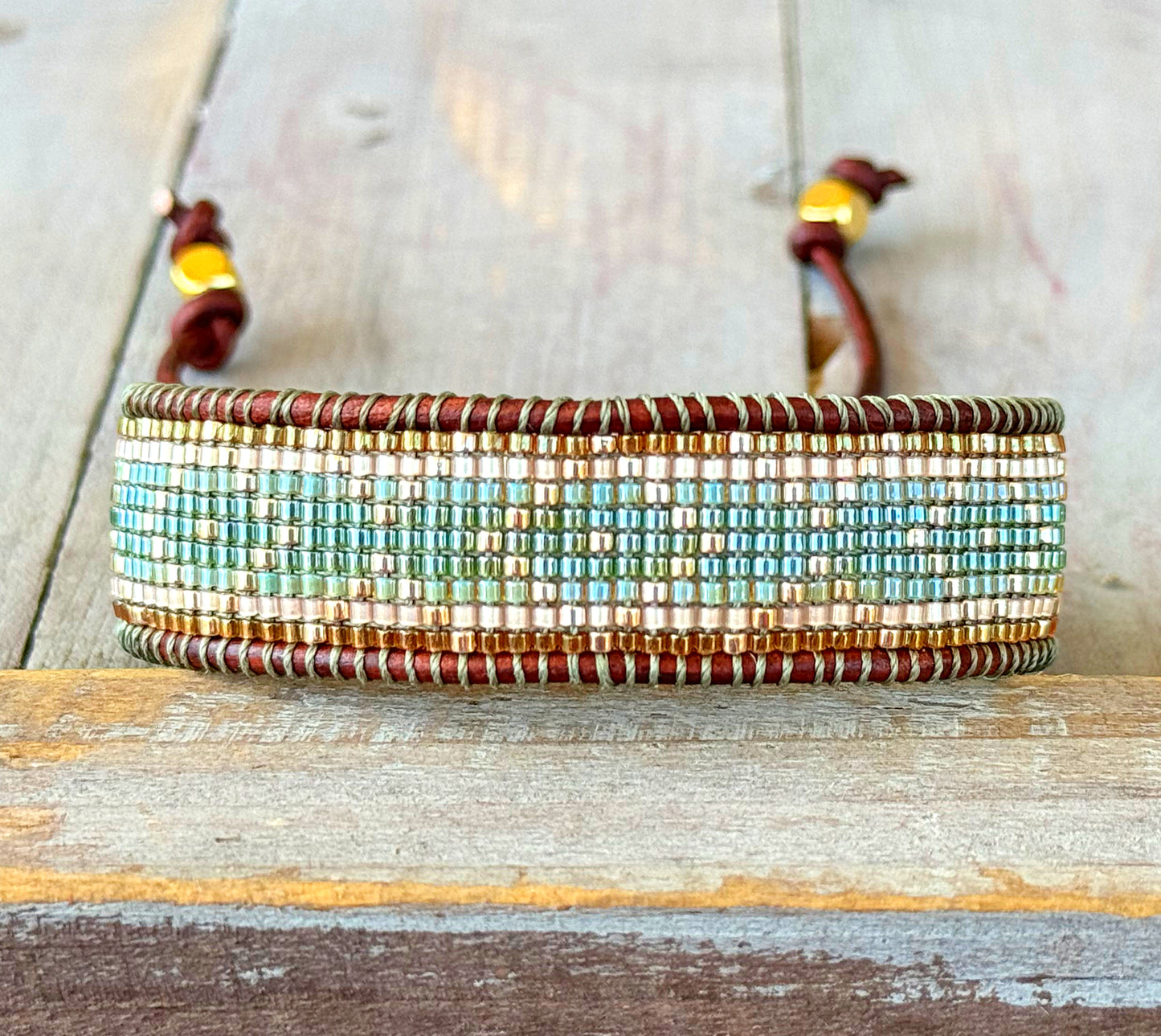 Gold, Green, and Tan Western bead loom woven adjustable leather bracelet