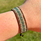 Gold, Green, and Tan Western bead loom woven adjustable leather bracelet