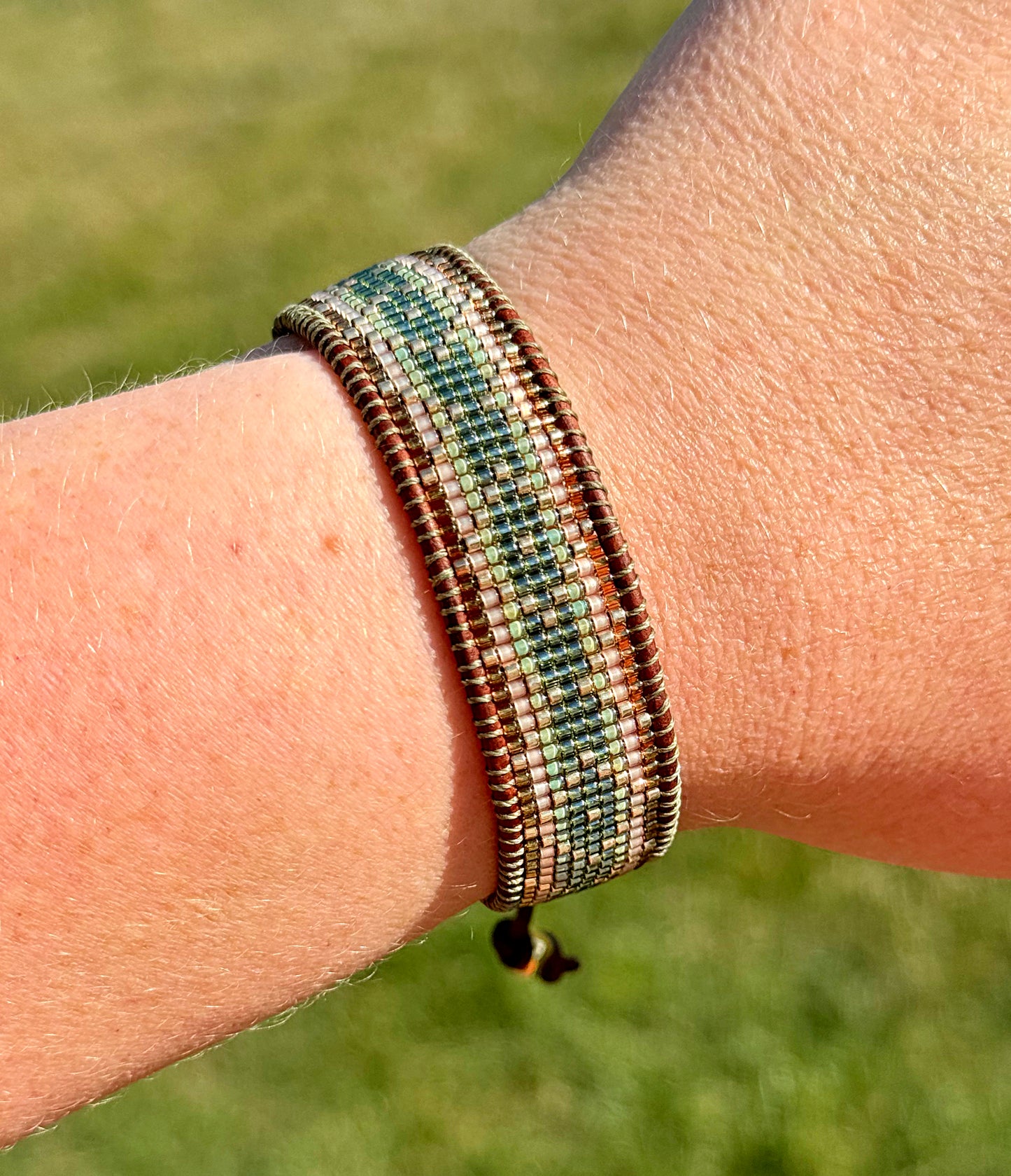 Gold, Green, and Tan Western bead loom woven adjustable leather bracelet