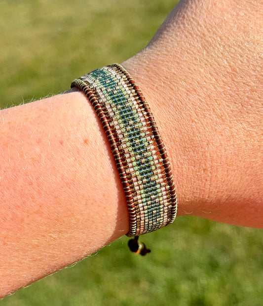 Gold, Green, and Tan Western bead loom woven adjustable leather bracelet