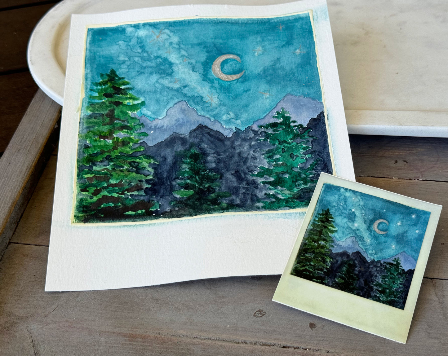 Night in the Mountains Polaroid style Watercolor Landscape waterproof vinyl decal