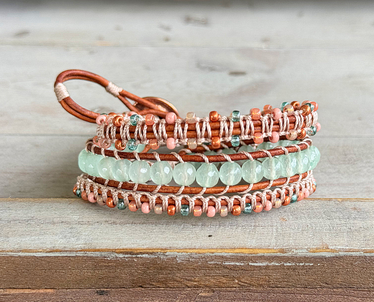 Sea glass Jade and Blush Rose Macrame Wrap bracelet