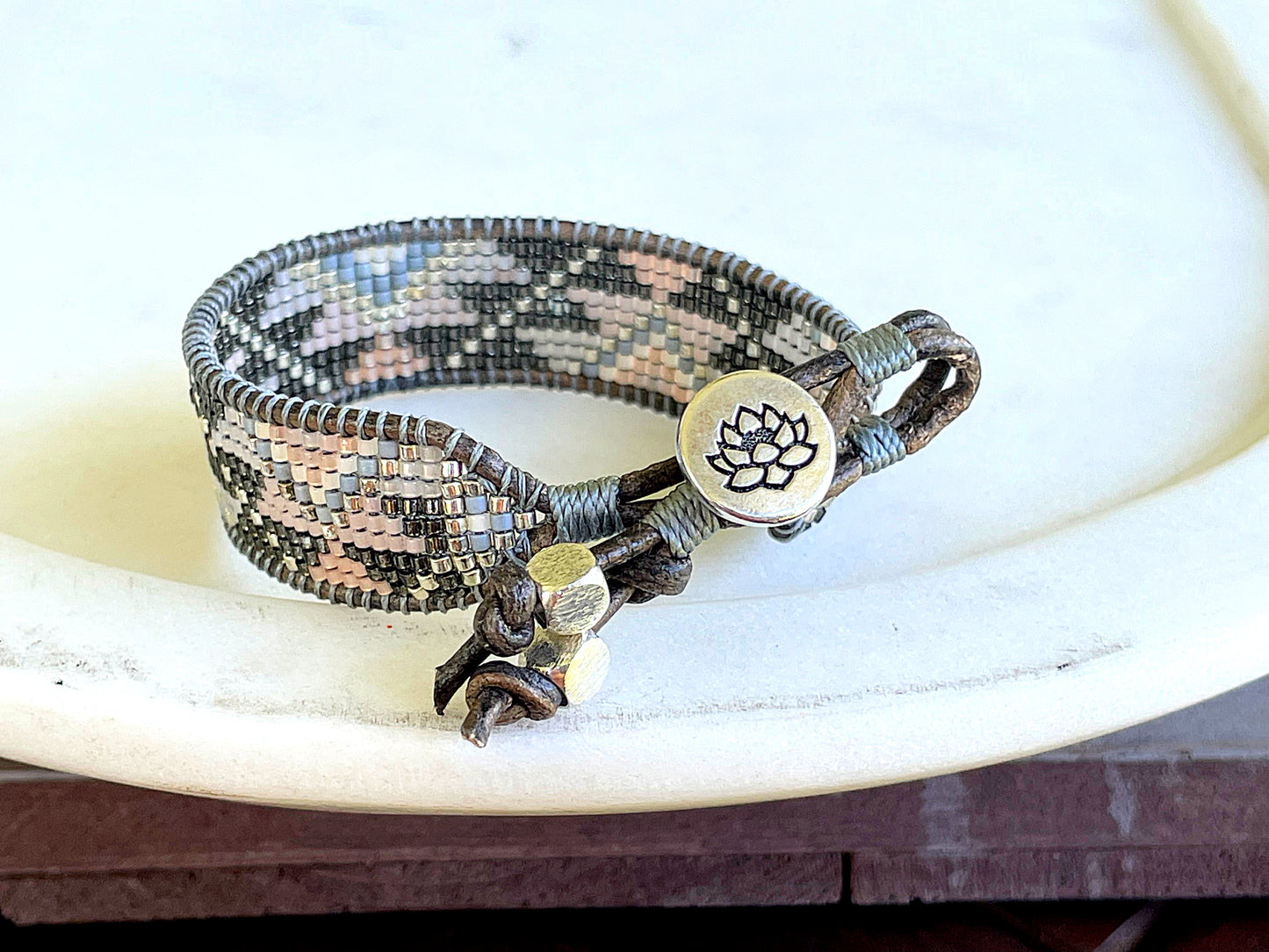 Beige Gray and Silver Western Bead Loom Woven Boho Cuff Bracelet