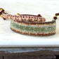 Gold, Green, and Tan Western bead loom woven adjustable leather bracelet