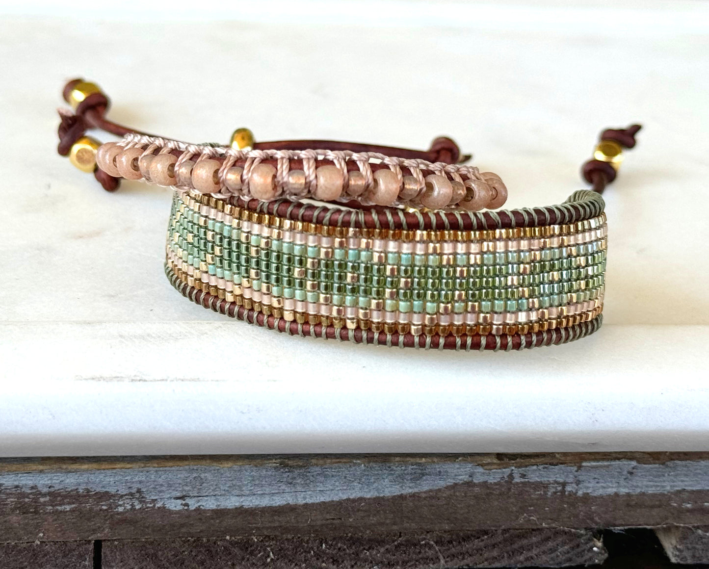 Gold, Green, and Tan Western bead loom woven adjustable leather bracelet