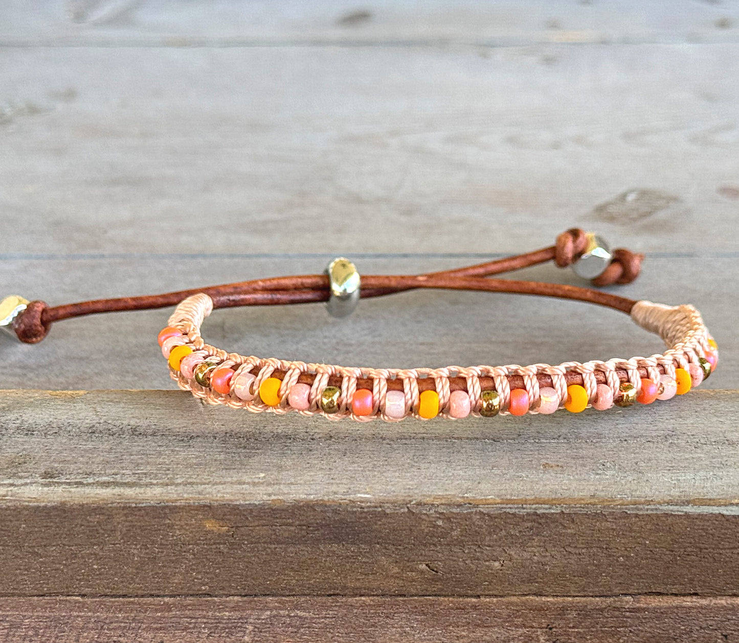 Sunstone, sunshine, peach fuzz, coral and glass bead Adjustable Leather Bracelet