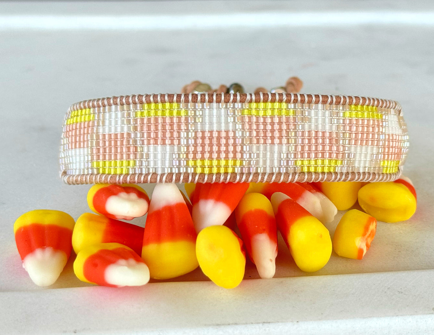 Faded Candy Corn Bead Loom Cuff bracelet, Halloween seed bead bracelet