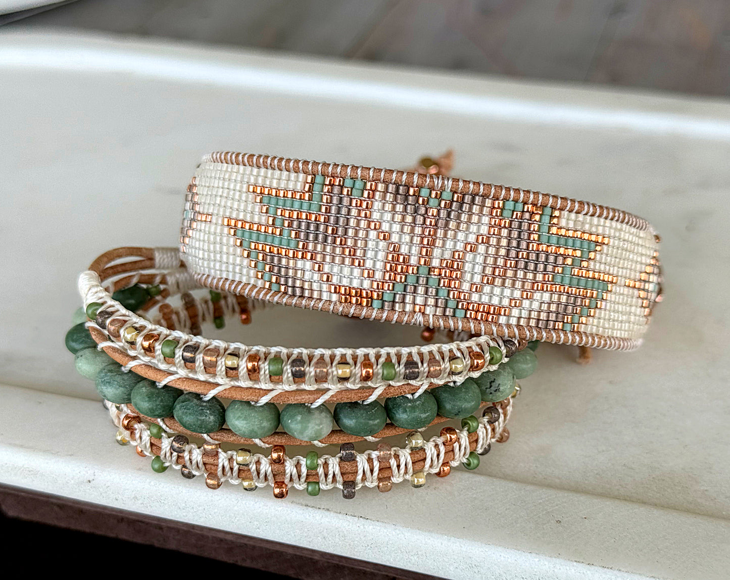 Natural Jade Sage green, neutral and copper macrame 3 wrap bracelet