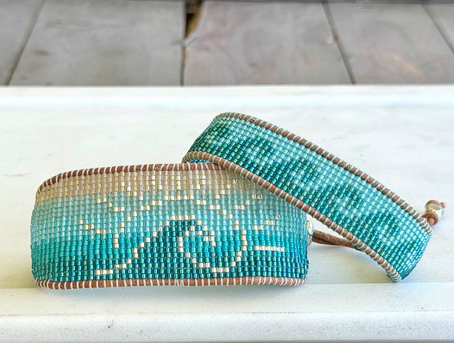 Beachy Wave and Sun Blue Faded Bead Loom Woven Slide Adjustable Bracelet