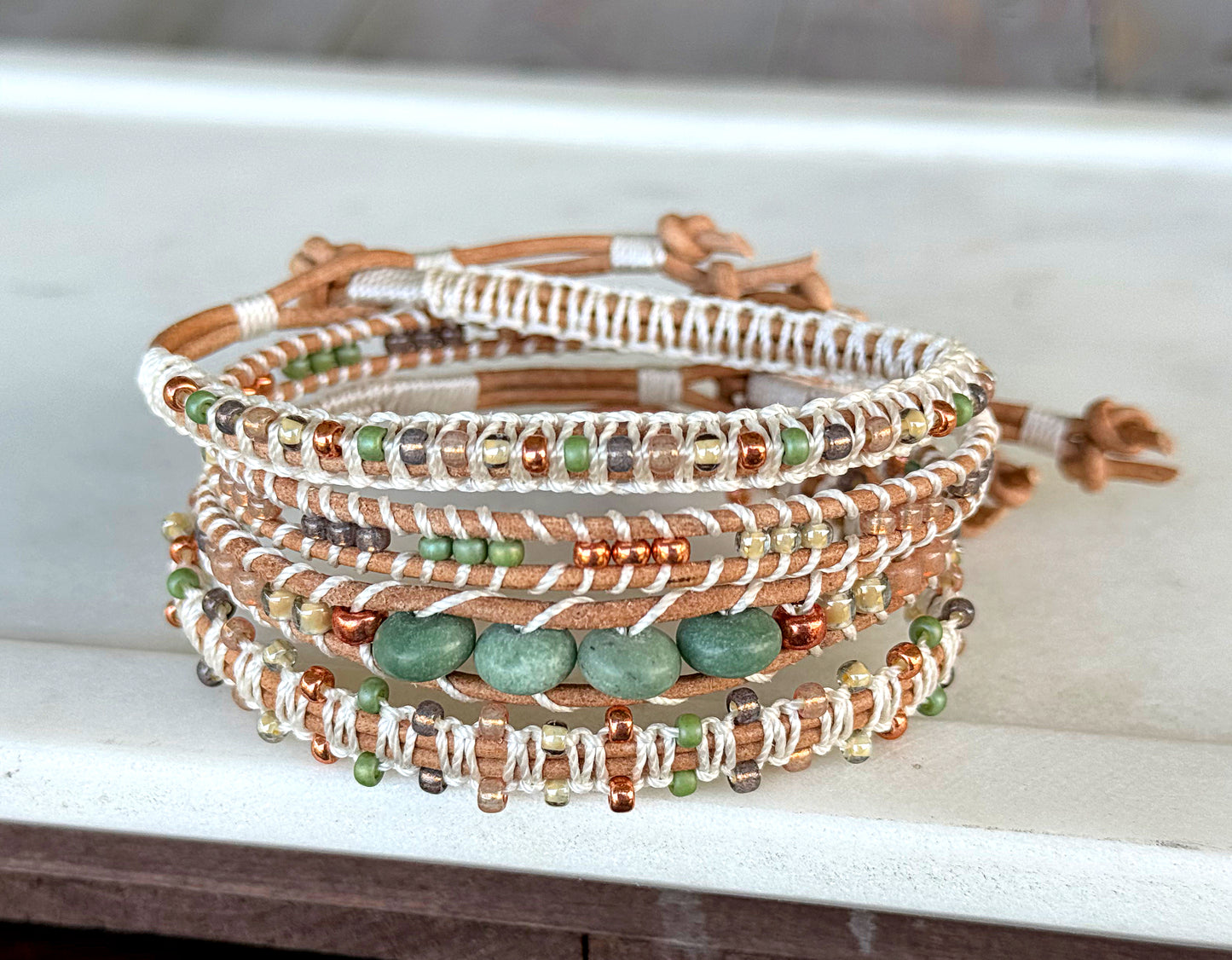 Jade and neutral Sage and Copper Beaded Macrame Bracelet Set