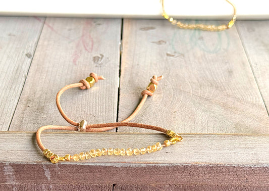 Simple Citrine gemstone adjustable leather stack bracelet