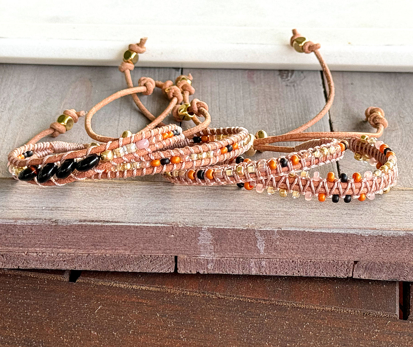 Honey Tan, Black and Gold Beaded Macrame Bracelet Set