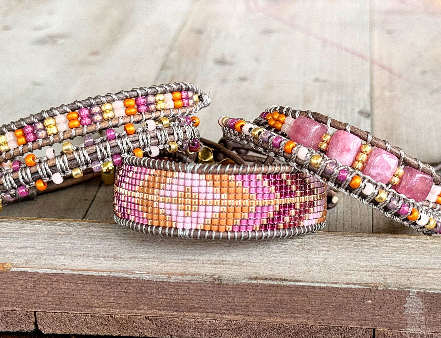 Peony Pink, Purple, and Gold Slide Adjustable Beaded Macrame Bracelet Set