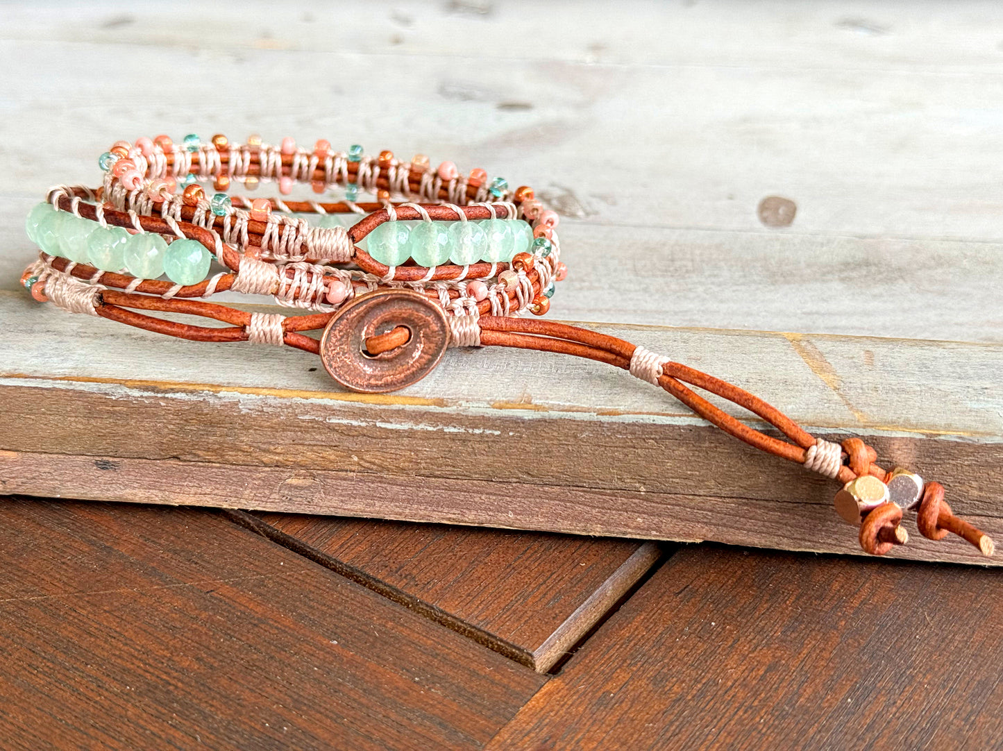 Sea glass Jade and Blush Rose Macrame Wrap bracelet