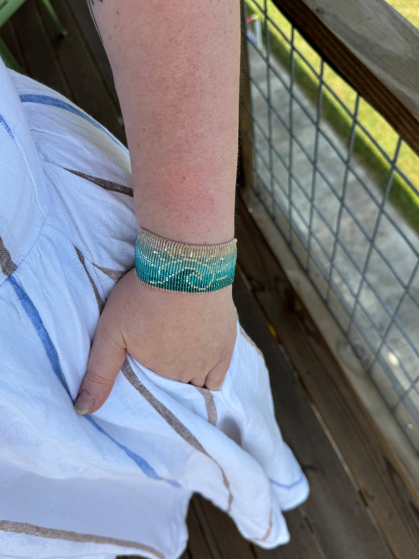 Beachy Wave and Sun Blue Faded Bead Loom Woven Slide Adjustable Bracelet