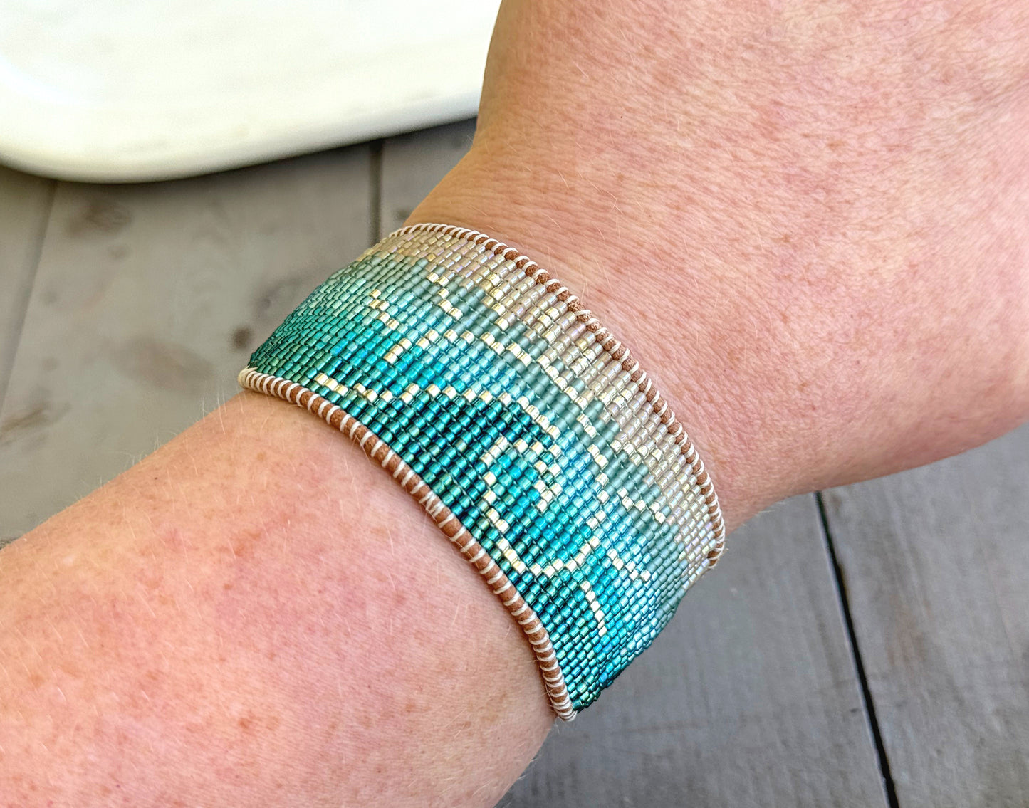 Beachy Wave and Sun Blue Faded Bead Loom Woven Slide Adjustable Bracelet