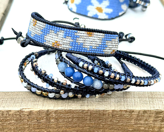 Blue Daisy Bead Loom and Macrame Bracelet stack set