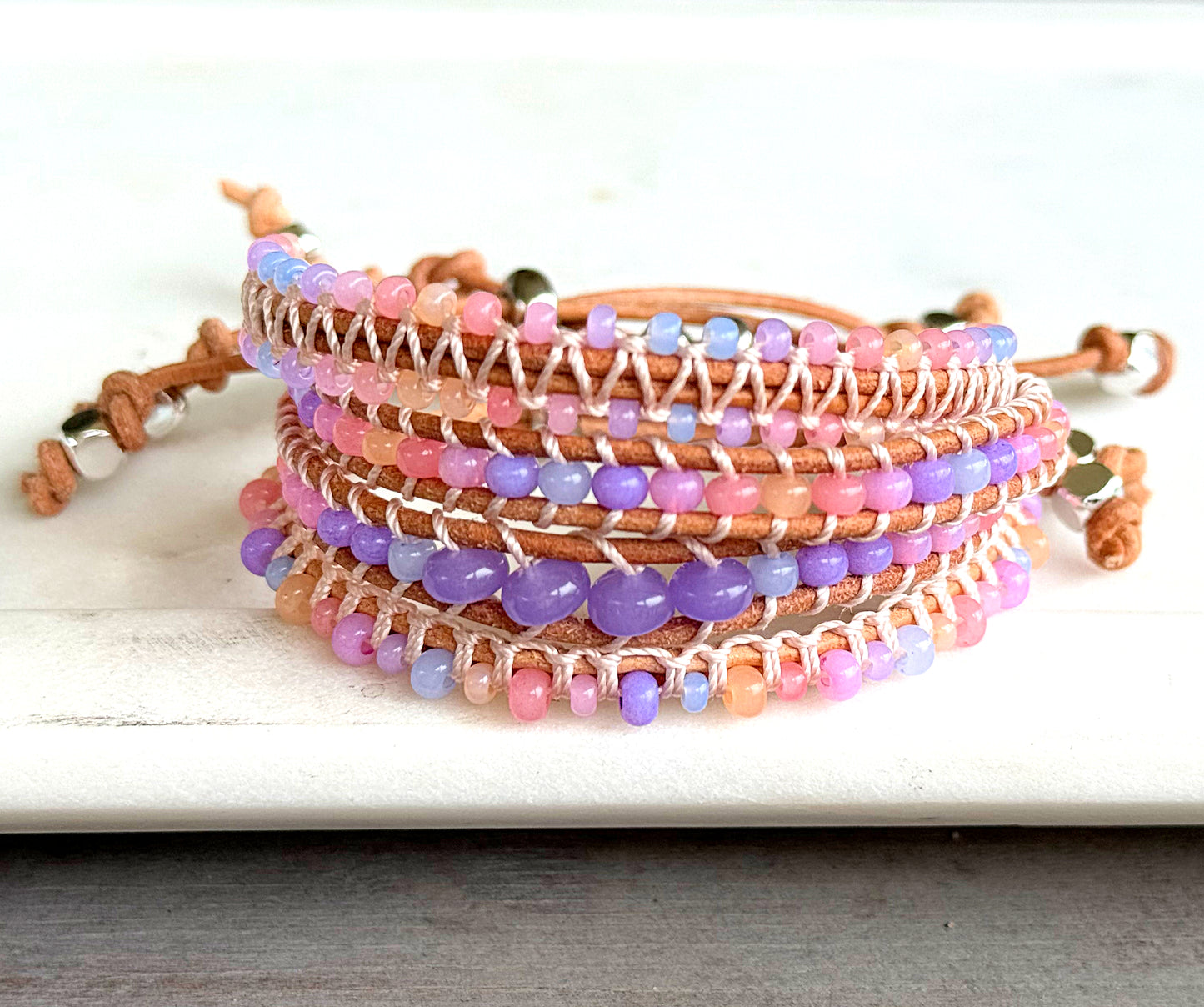 Rose Opal Sunset Beaded Macrame Adjustable Leather Bracelet Set