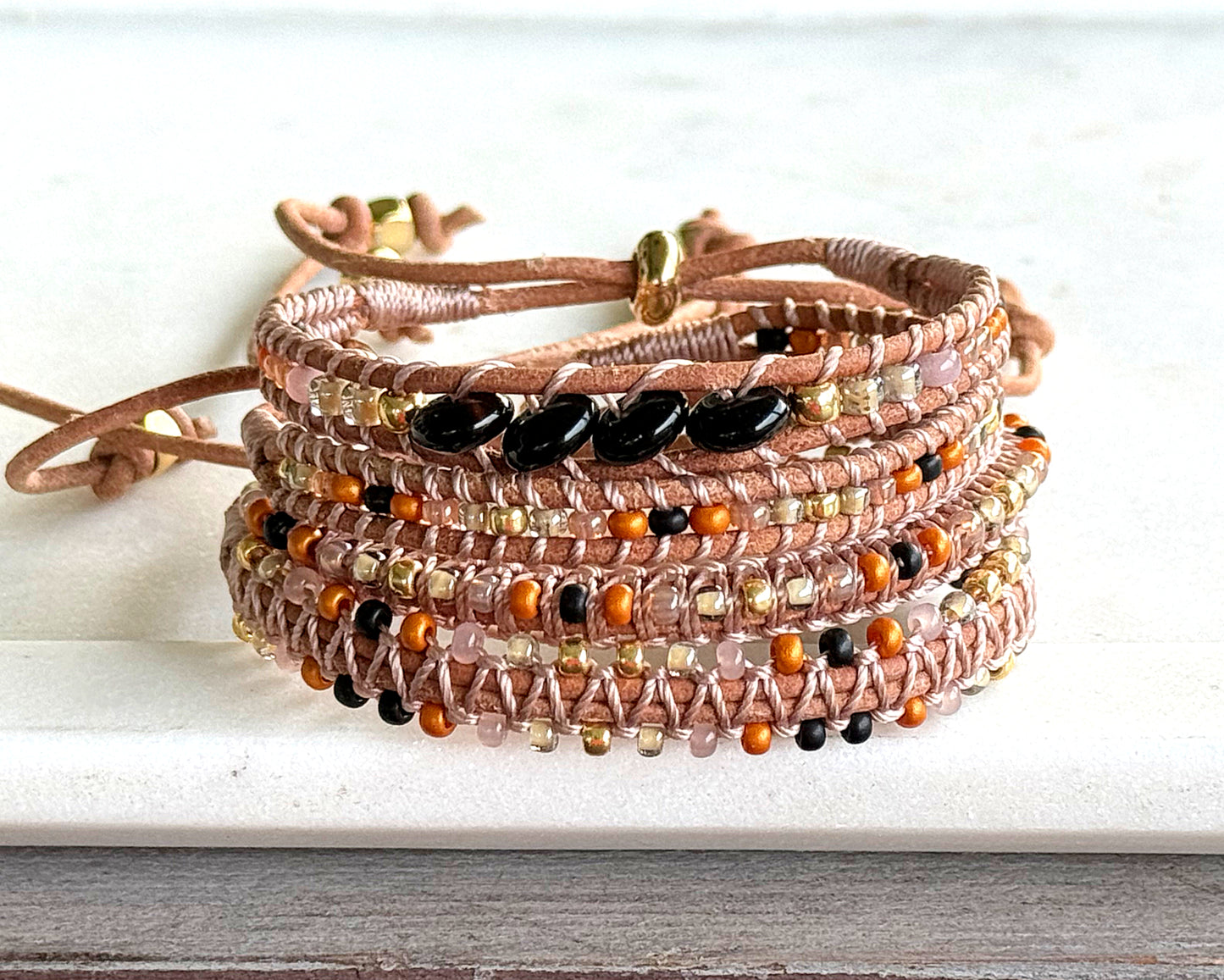 Black, Honey Tan, and Gold starburst Western Geometric Loom and Macrame Bracelet stack set