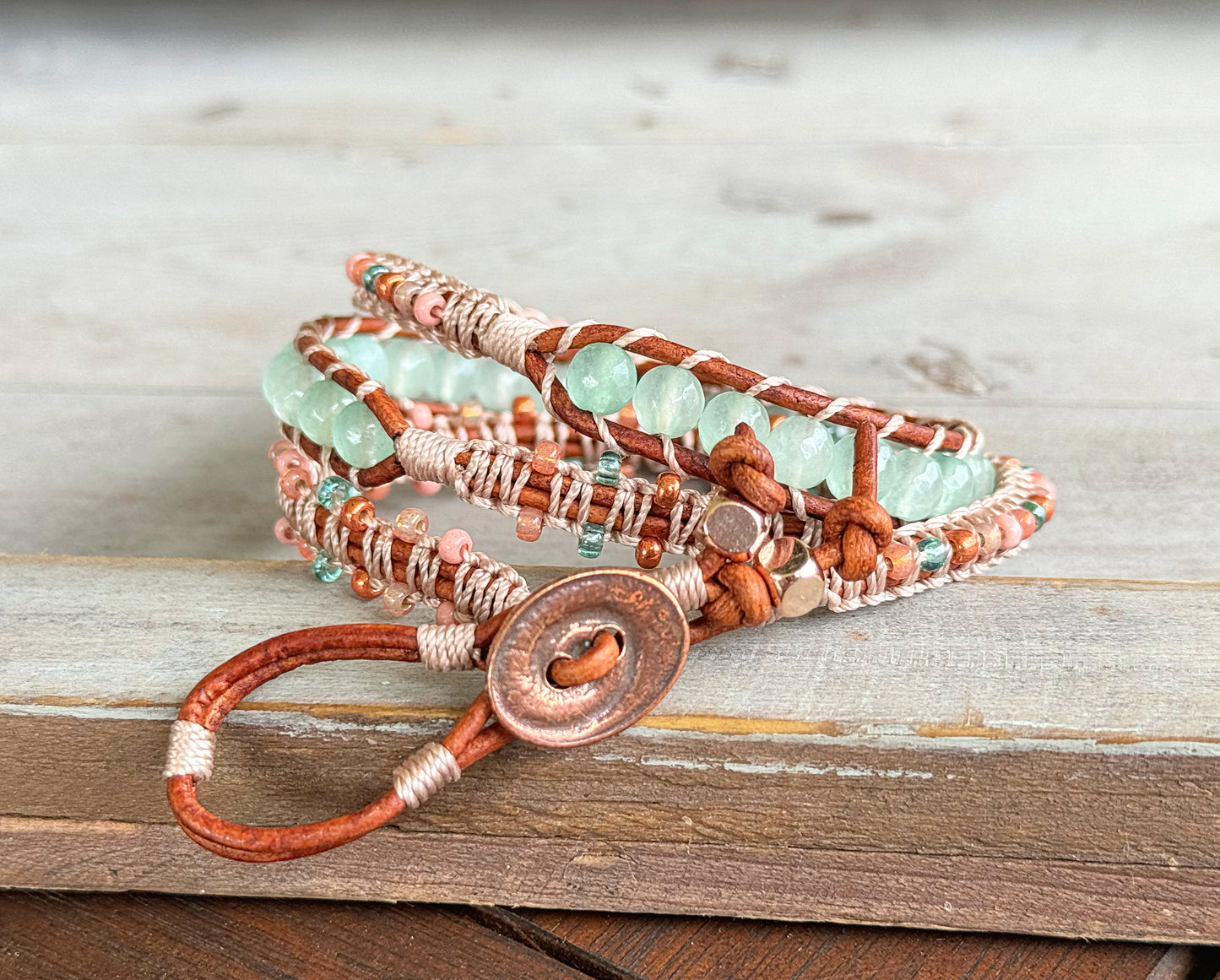 Sea glass Jade and Blush Rose Macrame Wrap bracelet