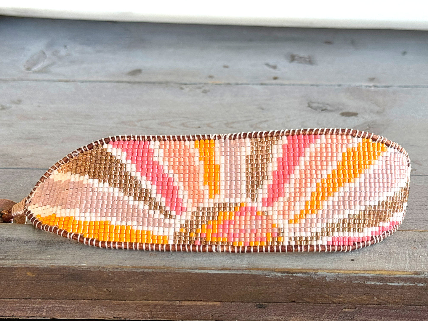 Boho Sunshine Bead Loom Woven Cuff Bracelet with leather trim