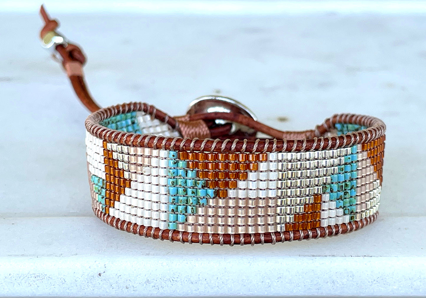 Earthy Tan Turquoise and Silver Western Geometric Loom and Macrame Bracelet stack set