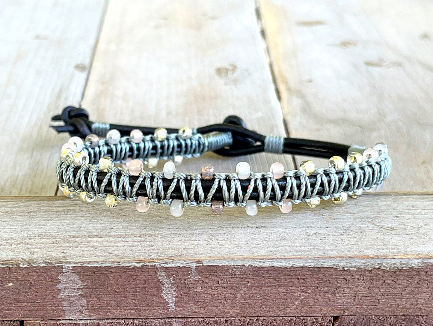 Neutral Gray, Beige and Silver Beaded Macrame Bracelet Set