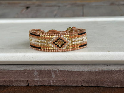 Black, Honey Tan, and Gold starburst Western Geometric Loom and Macrame Bracelet stack set