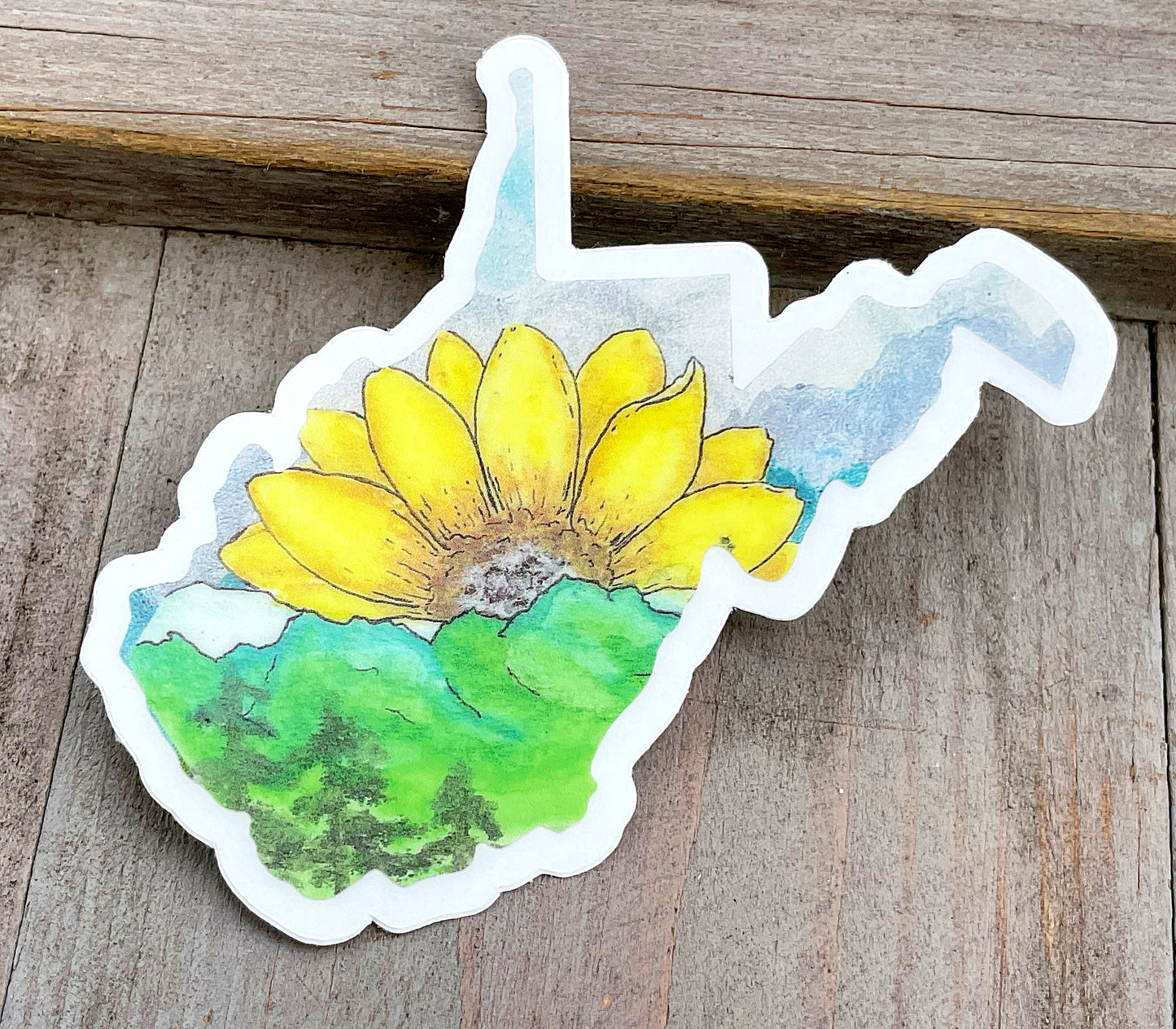 Sunflower Mountains West Virginia clear watercolor sticker, vinyl waterproof decal