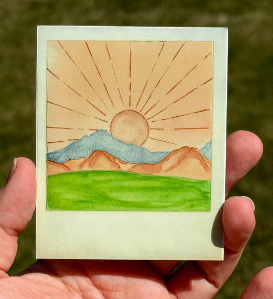 Western sunrise Polaroid style Watercolor Landscape waterproof vinyl decal