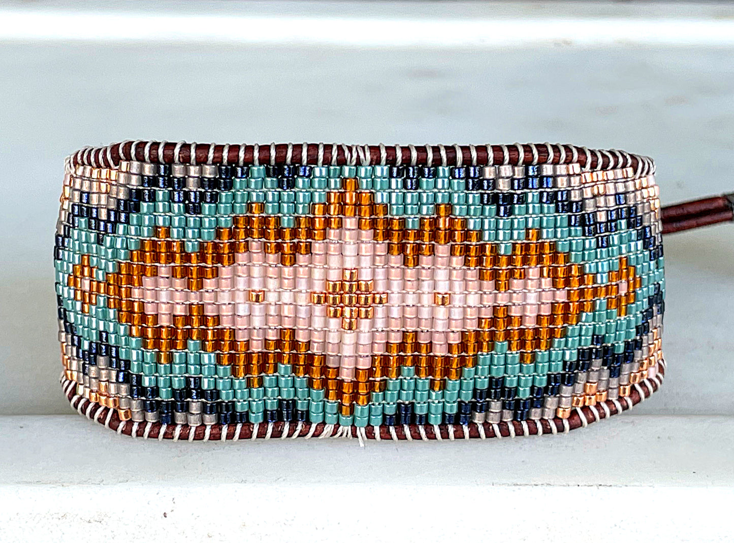 Copper Gray Navy and Blush Tribal Expanded Diamond beaded friendship bracelet