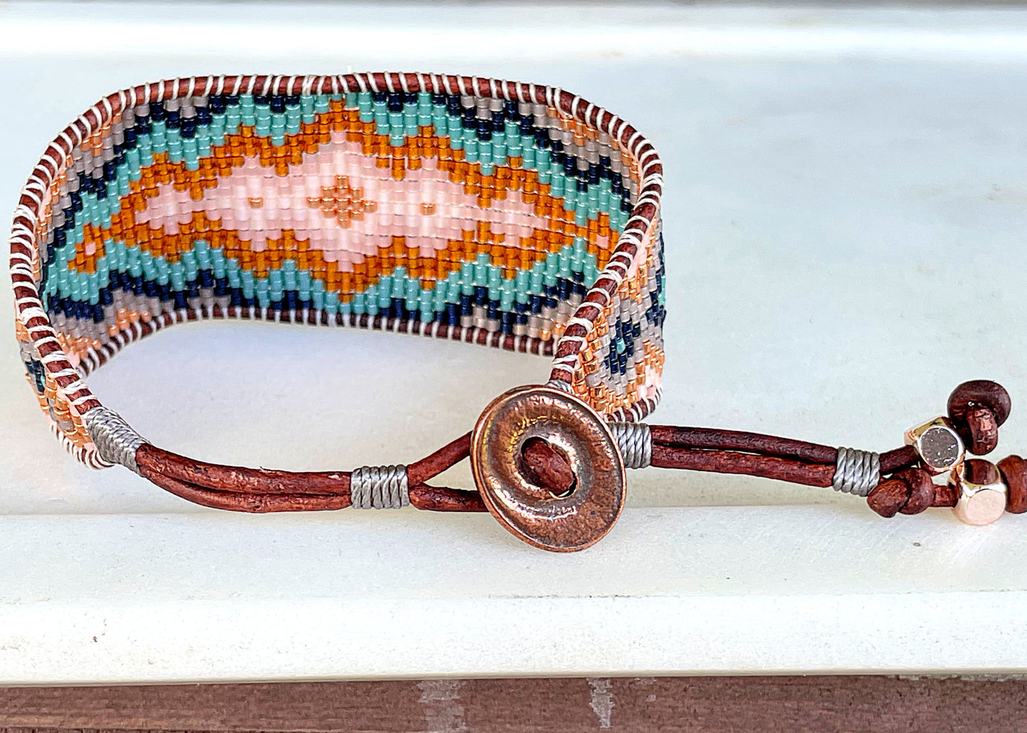 Copper Gray Navy and Blush Tribal Expanded Diamond beaded friendship bracelet