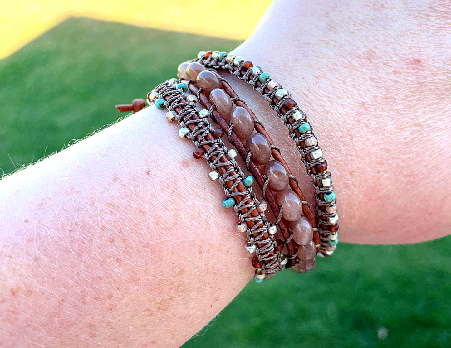 Smoky Quartz Tan, turquoise and silver macrame 3 wrap bracelet