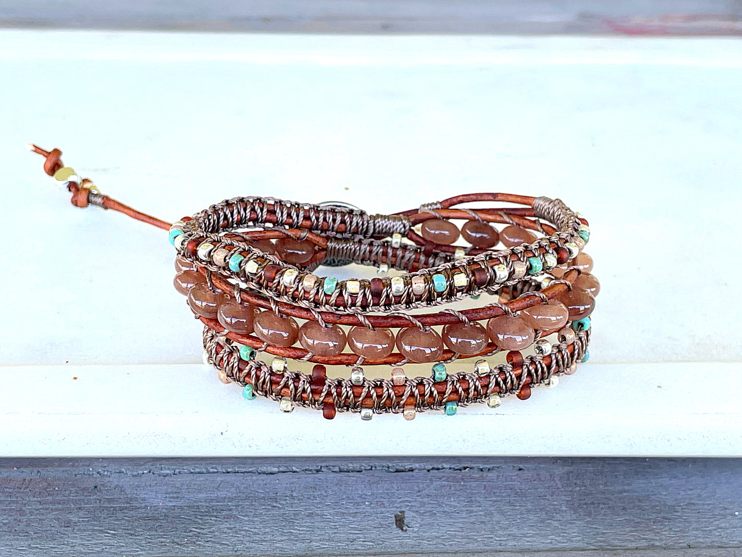 Smoky Quartz Tan, turquoise and silver macrame 3 wrap bracelet