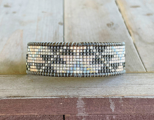 Beige Gray and Silver Western Bead Loom Woven Boho Cuff Bracelet