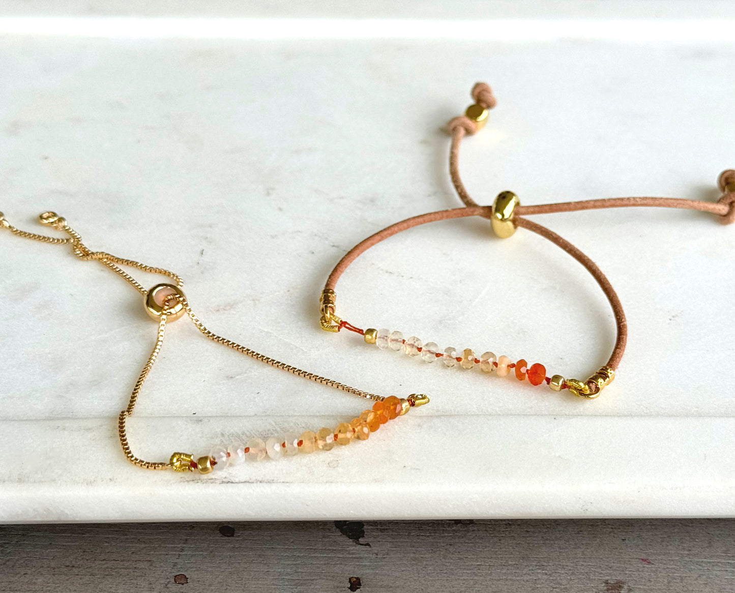 Fire Opal and slide adjustable chain or leather stack bracelet