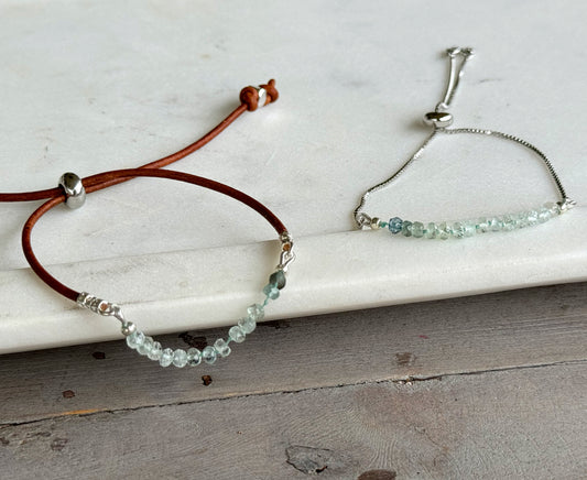 Aquamarine and slide adjustable chain or leather stack bracelet