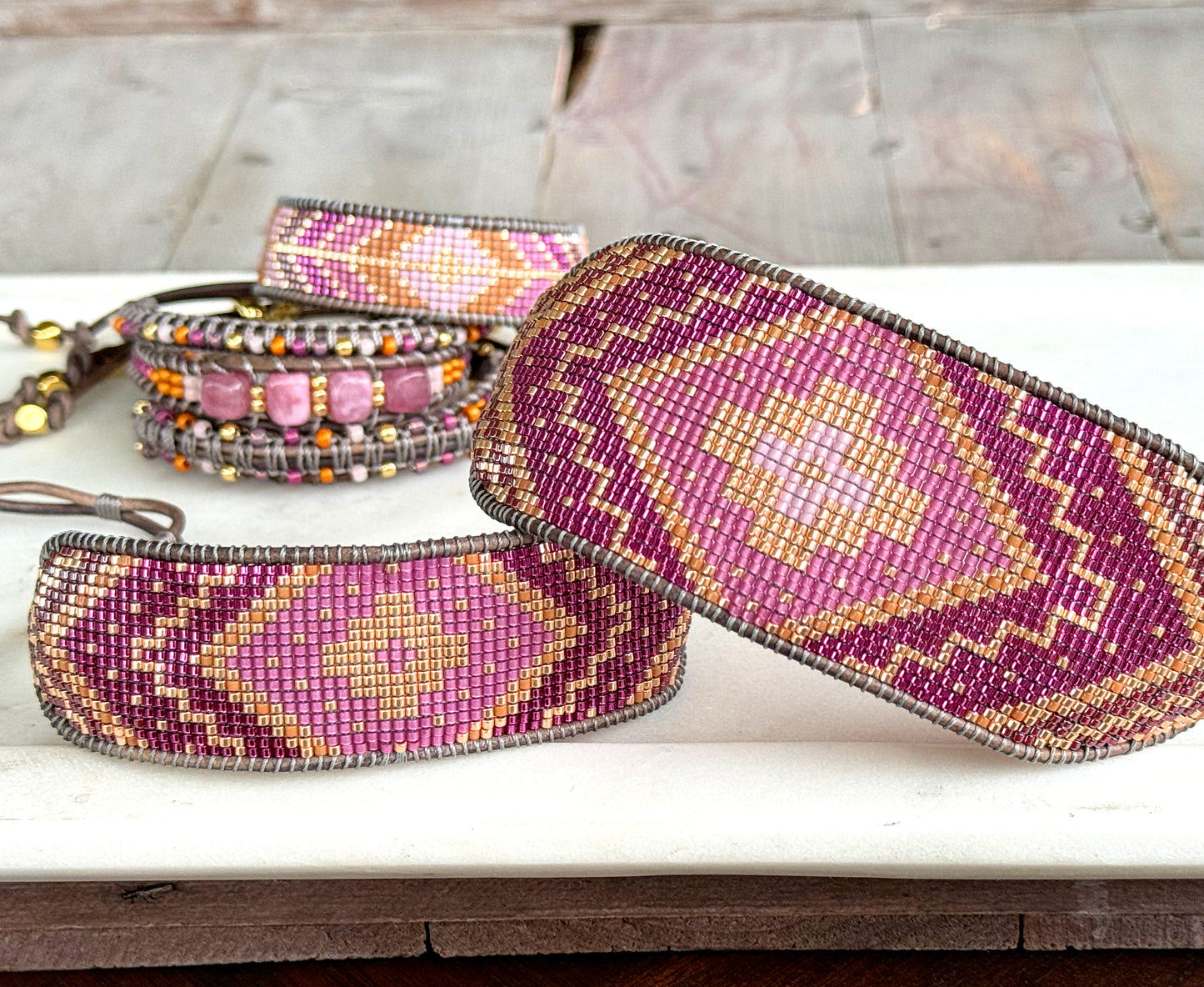 Pink Peony, Plum, and Gold Wide Western Bead Loom Cuff Bracelet